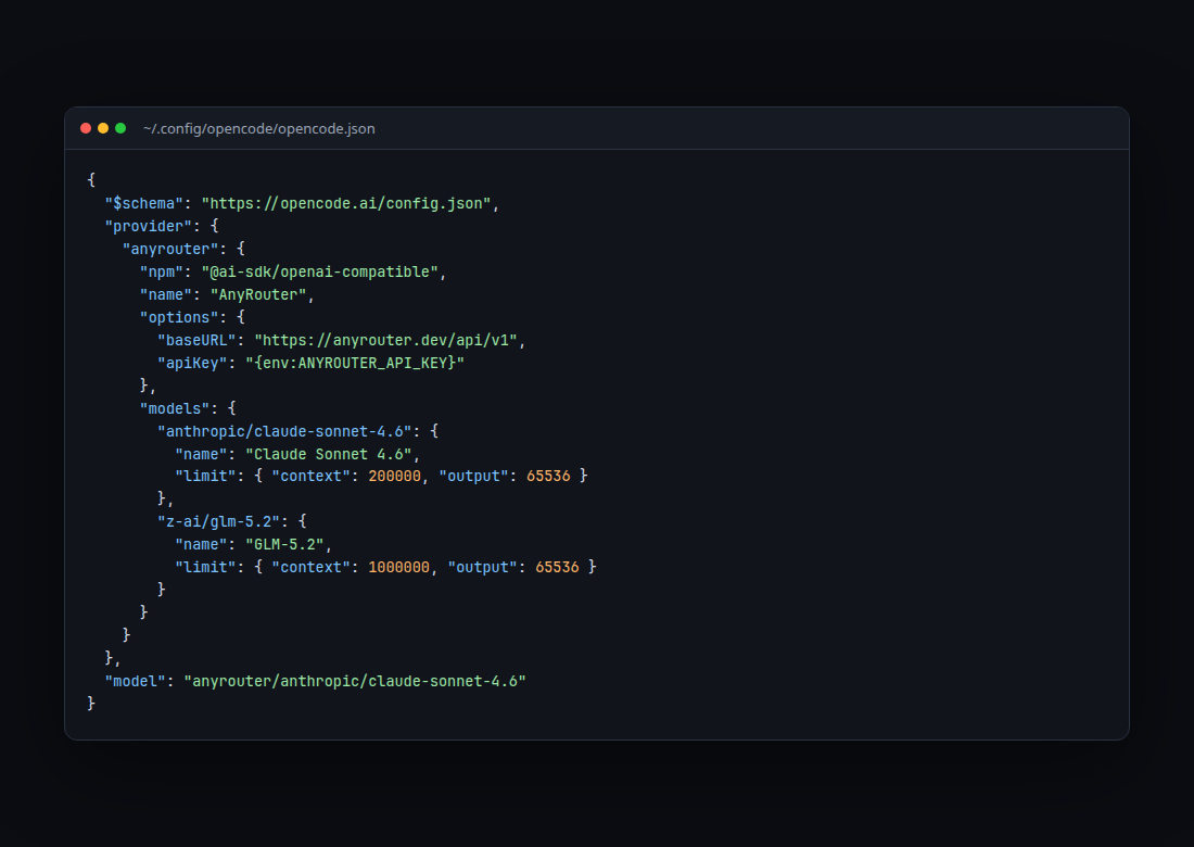 opencode.json with the AnyRouter custom provider