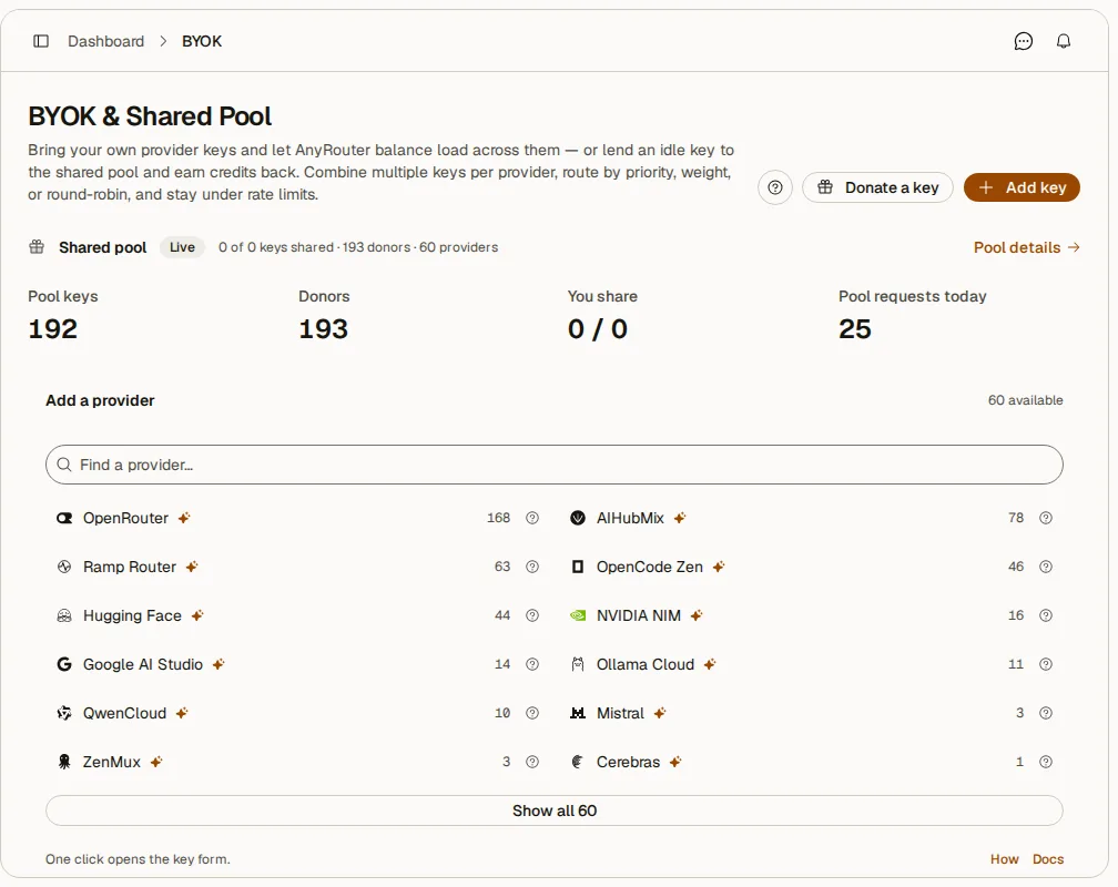 The BYOK page in the dashboard with the Add key button at the top right