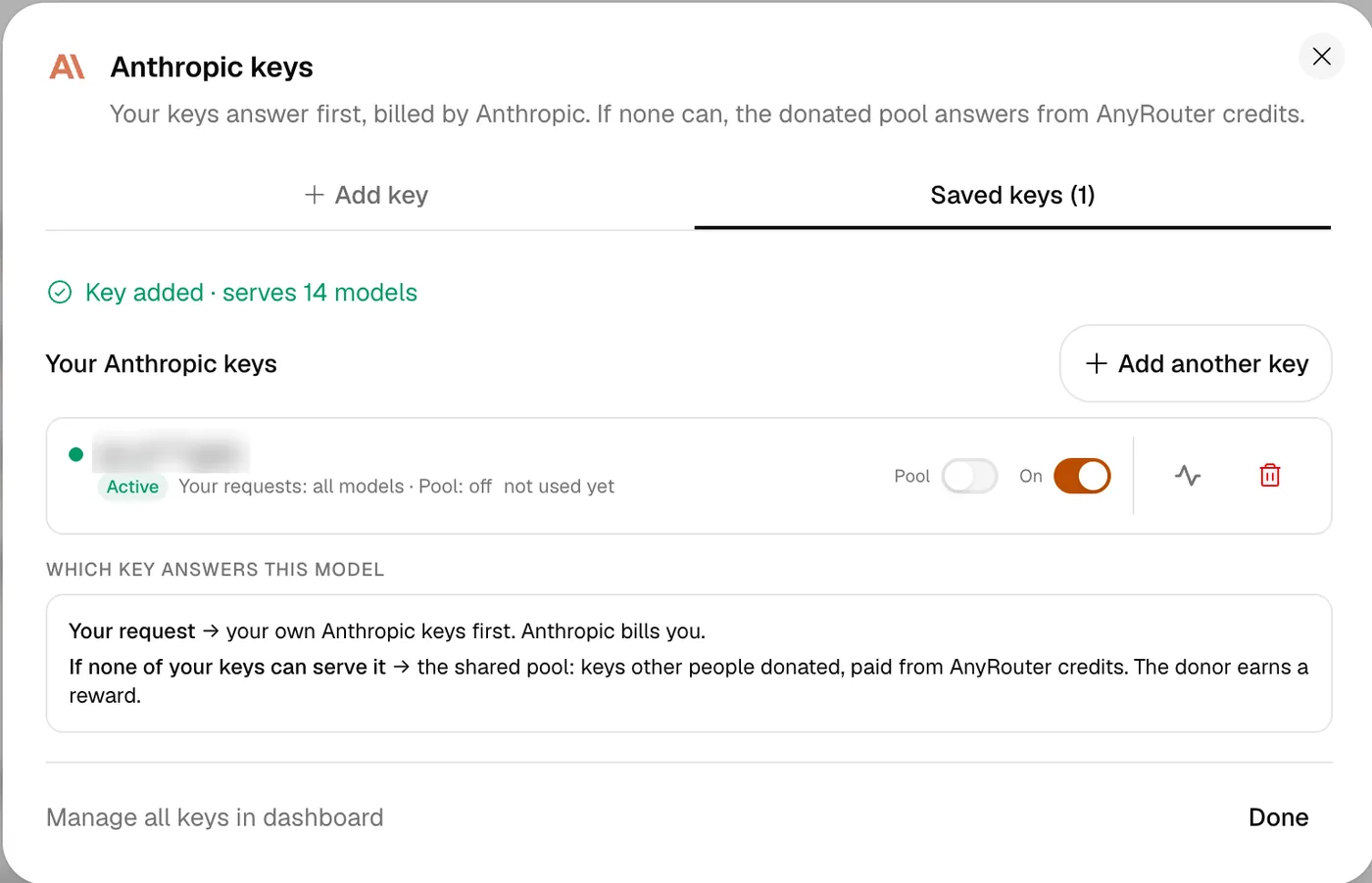 The Saved keys tab showing the new Anthropic key as Active, with an On switch and a trash icon