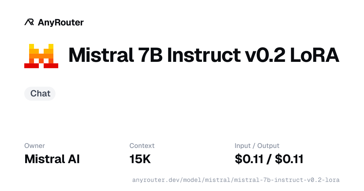 Mistral 7B Instruct v0.2 LoRA · mistral · pricing & API — AnyRouter
