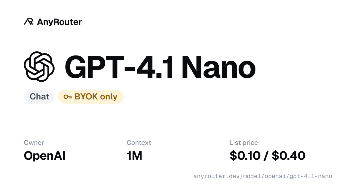 GPT-4.1 Nano · OpenAI · pricing & API · AnyRouter